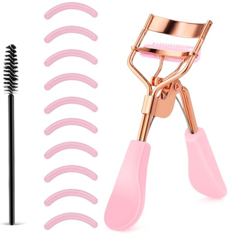 Rizador de pestañas de acero inoxidable con 10 almohadillas de repuesto de silicona, herramienta de maquillaje profesional con peine integrado para mujeres y niñas de todas las formas de ojos
