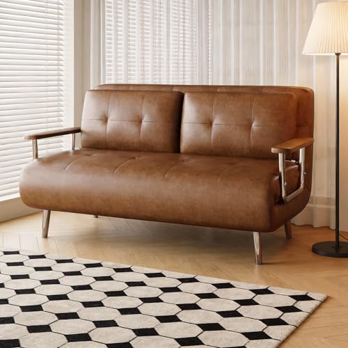 Brown 2 Seater Convertible Sofa Bed,150cm Faux Oil Wax Leather Sofa | Converts from sofa to chaise lounge or bed; five-position adjustment; comfortable seating; space-saving furniture solution