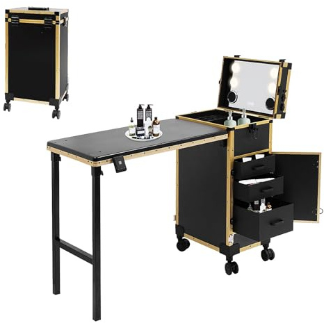 HUOMMGS Professionell kosmetisk väska Trolley 2-i-1 sminkväska med bord upp till 50 kg manikyrbord med 3 lådor, LED-spegel, 4 rullar multifunction kosmetisk väska frisörväska, Guld, 38.6*32*69.7cm