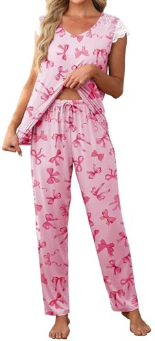 Famulily Womens Pyjamas Set 2 Piece Elegant Lace Cap Sleeve Top and Printed Drawstring Waist Ankle Length Pants with Pockets