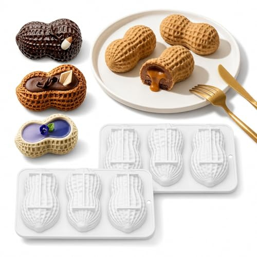 Confezione da 2 Stampo da forno in silicone a forma di arachidi realistiche, 3 cavità, flessibile e durevole, per dolci, biscotti, cioccolato e decorazioni. Perfetto per dessert e cucina casalinga