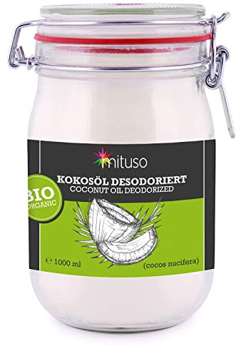 mituso Bio Kokosöl desodoriert 1 Liter | Geschmacksneutral - Ideal zum Braten, Backen, Frittieren | vegan, ohne Zusätze - Vielseitig für Haut & Haar | im Drahtbügelglas