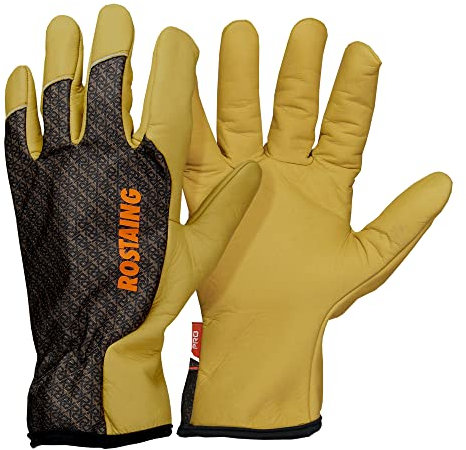 ROSTAING Guantes Sequoia - Par de Guantes de jardinería de Cuero - Todos los Trabajos en ambientes Secos y húmedos - Plantar, cavar - Transpirable y ergonómico - Guante Repelente al Agua