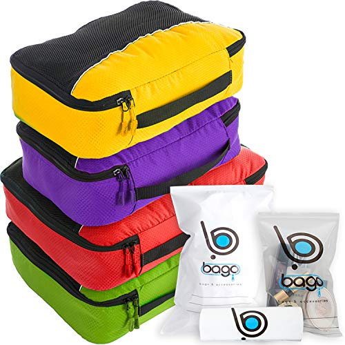 Bago Set di 7 cubi di imballaggio per valigie e borse da viaggio – Cubi da imballaggio a compressione per organizzatore da viaggio – 4 cubi da viaggio più 3 sacchetti con cerniera (verde, rosso, M