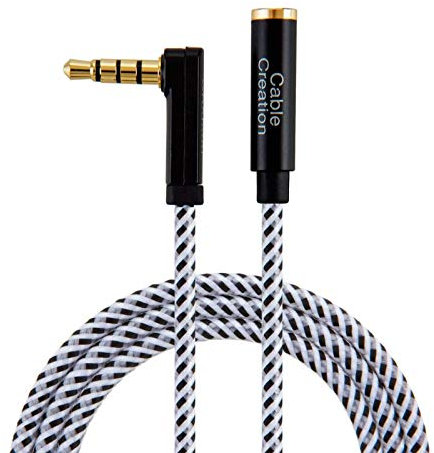 CableCreation 4-Pole TRRS 3.5mm Audio Extension Cable Male to Female, 90 Degree Right Angle Auxiliary Extension Cable, Microphone Compatible, 1.8m/6FT/ Black&White