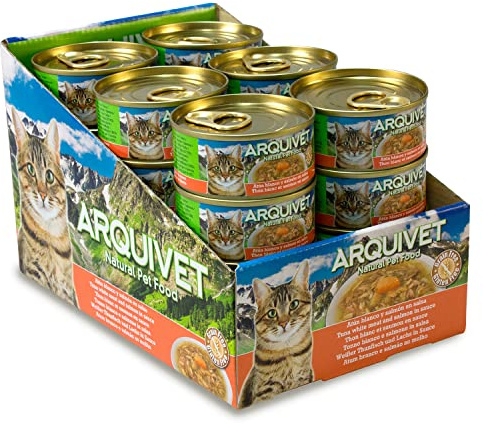ARQUIVET - Latas súper Premium de atún Blanco con salmón en Salsa para Gatos - Comida Gourmet elaborada con Ingredientes 100% Naturales - Pack 24 Unidades - 80 gr por Unidad - Comida húmeda