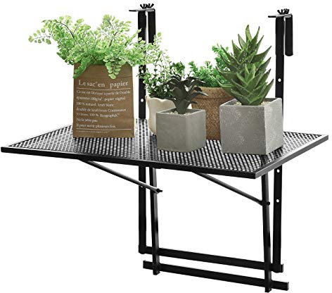 COSTWAY Tavolino Pieghevole da Balcone, Regolabile in Altezza, Tavolo da Appendere a Sospensione di Ferro, Nero, 60,5 x 40,5 x 61,5-82,5 cm