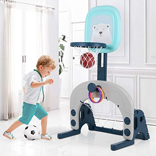 Hadwin Basketballkorb Kinder, 3 in 1 Basketballständer Set mit Fußballtor Ringwurf, Höhenverstellbar Kinder Aktivitätszentrum, Korbanlage für Indoor Outdoor