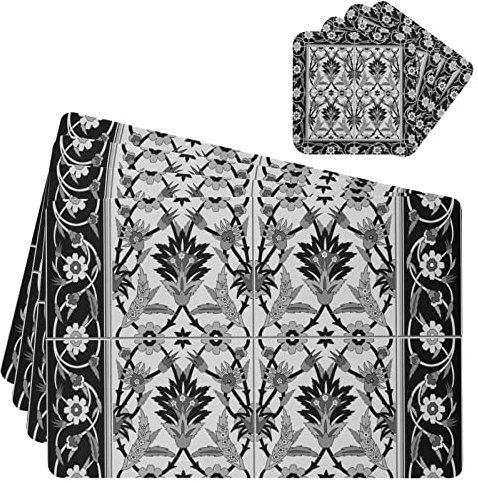 Moroccan PortugueseTurkish Ornaments Tribal Ethnic Tiles Border 6 PCs Waterproof PVC Leather Table Placemat with 6 PCs Mug Coaster, Non-Slip Place Mats Holder with Cup Mat, Desk Pad for Dining