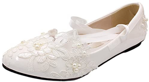Jamron Womens Elegant Lace Embroidery Flat Heel White Wedding Shoes Pumps with Pearls SN070427 UK6