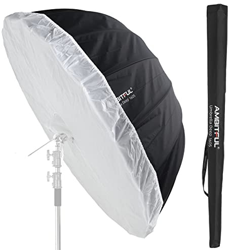 AMBITFUL - Ombrello parabolico UB-130W - Ombrello riflettente per studio fotografico da 41 pollici, nero/argento con copertura in tessuto diffusore (130 W)