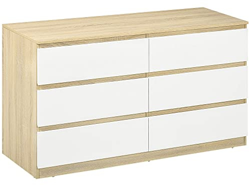 HOMCOM Cassettiera 6 Cassetti Moderna in Legno, Mobile Cassettiera per Camera da Letto 135x48x77cm, Bianco e Legno