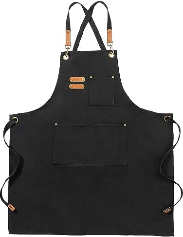 FunChaos Black Canvas Aprons, Work Aprons for Men Women, Chef Aprons with Adjustable Strap and 3 Pockets, Apron for Servers Kitchen Cooking Baking Artist Painting, Cross Back