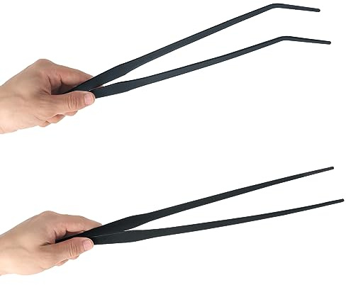Aquarium Tweezers Extra Long 15 inches Feed Tong Clamps - FEITA Straight and Curved Stainless Steel 38cm Tweezers Set for Fish Tank Plants Aquascape Tools & Reptile Feeding Tongs - Black 2Pcs