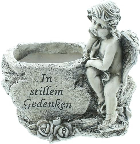 Dekoleidenschaft Petit Ange en polyrésine à l'aspect Vieilli, résistant aux intempéries, Inscription en commémoration silencieuse, jardinière, décoration funéraire