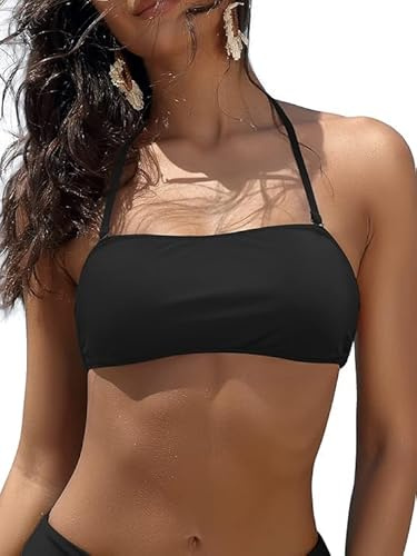 SHEKINI Mujer Traje de Baño de Dos Piezas Bandeau Ajustable Acolchado Bikini Top Sexy Halter Bikini Set Cintura Alta Control Abdomen Parte Inferior de Bikini
