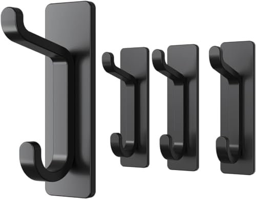 Josmimic Self Adhesive Hooks, Sticky Hooks Extra Sturdy, Hanging up to 6KG, Metal Stainless Heavy Duty Stick on Wall Door, for Towel Coat Hat Purse in Bathroom Shower, Black, 4 Pack
