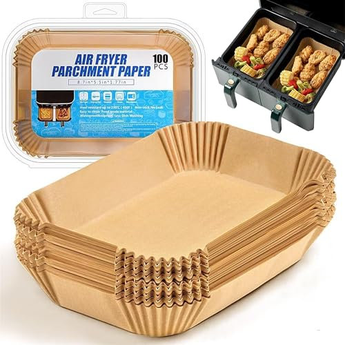 Roe Tenpo Air Fryer Liners Disposable 5.5 Inch 100pcs Rectangular, Non-Stick Baking Parchment Paper Liners, Compatible with Ninja, Tower and Other Dual Zone Air Fryers (5.5 Inch 100pcs Rectangle)