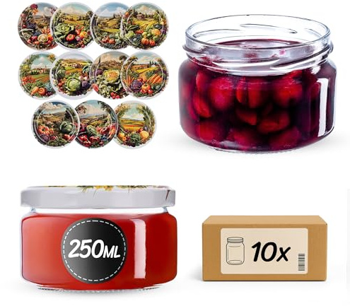 KADAX 10 tarros de 250 ml con tapa de rosca fi82 mm, tarros de postre, tarros de mermelada con tapa Twist-Off, herméticos y aptos para lavavajillas, vidrio de pared gruesa (caja de verduras, 10