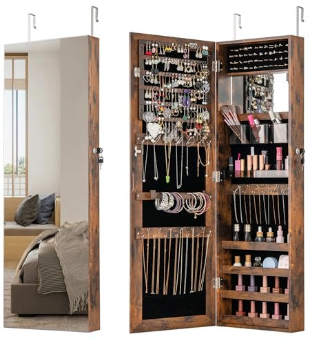 GOPLUS Armoire a Bijoux Murale avec Miroir Pleine Longueur, 2 en 1 Armoire à Bijoux Verrouillable à Suspendre avec Rangement, Miroir Intérieur, Crochets Réglables, Marron
