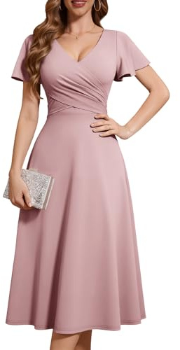 Fynadressr Womens Wedding Guest Party Dress Cocktail Semi Formal Wrap V Neck Short Sleeve A Line Midi Dress with Belt