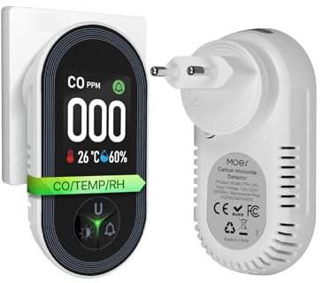 Detector de Monóxido de Carbono con Enchufe - Detector de CO 3 en 1 con Sensor de Temperatura & Humedad - Alarma Sonora para GLP, Propano, Metano, Etano y CO - para Casa y Autocaravana​