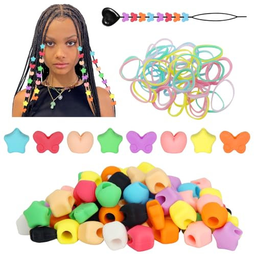 90 Stück Silikon-Haarperlen für Zöpfe von Kindern und Mädchen, bunte Ponyperlen, Haarschmuck für Frauen, waschbar, 10 Farben, Schmetterling, Herz, Stern, Basteln
