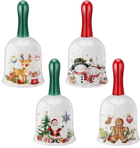 Thyle 4 Pcs Christmas Handled Bell 5.5 Xmas Holiday Hand Held Call Bell Ceramics Ringing with Handle Decoration for Christmas Winter Dinner Calling Decor