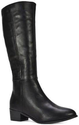 ESSEX GLAM Women's Knee High Boots Ladies Classic Block Low Heel Zip Western Synthetic Leather Calf Boots Size 3-8
