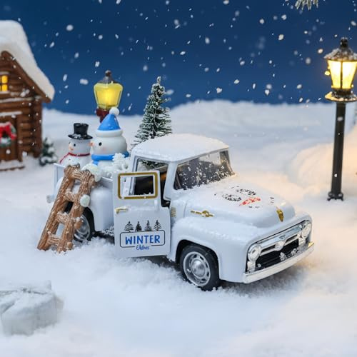 Décoration d'Hiver, Vintage Camion en Métal avec Mini Sapin de Noël, Mini Flocons de Neige Décoration, Bonhomme de Neige pour Deco Noel, Noël Décorations Créatif Cadeau pour Fête Maison Cheminée
