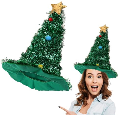 FOSDICK Gorro Arbol de Navidad, Gorros Navidad Divertidos, Arbol de Gorro Navideño con Pompones de Colores Estrella Dorado, Lentejuela Gorros Navideños, Sombrero Navidad para Fiesta Festival, Verde