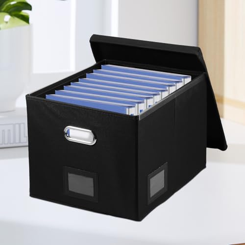 Bpyhebe File Organizer Box with Lid, 38×32×27.5cm Letter Size Sturdy Hanging Filing Folder Storage with Tab Bar, Office School Home Decorative Books Cabinet, Easy to Carry Album Record Moving Box
