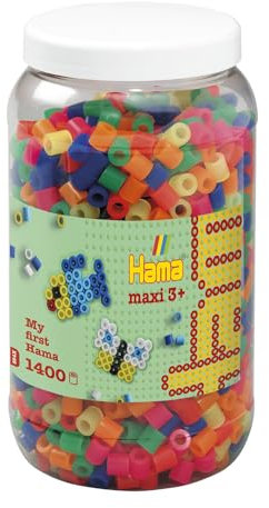 Hama Perlen 8542 Bügelperlen Dose mit ca. 1.400 bunten Maxi Bastelperlen mit Durchmesser 10 mm im Neon Mix, kreativer Bastelspaß für Groß und Klein