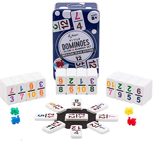 Regal Games Mexican Train Dominoes Set for Adults - Double 12 Dominoes with 91 Numbered Domino Tiles & 4 Trains - 2 or 4 Player Games & Ideal for Family Fun Game Night and Travel