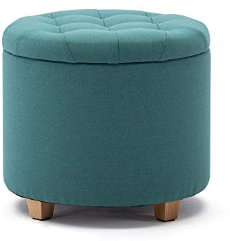 HNNHOME 45cm Round Linen Storage Ottoman Footstool Pouffe (Light Green) | Removable lid for easy access, Padded seat with wooden legs, Stores blankets and cushions, Ideal for lounge or living room