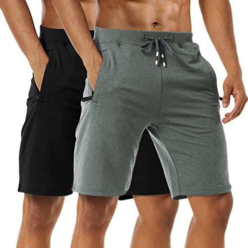 Boyzn Sportshorts för män bekväma träningsshorts i bomull elastisk midja löparshorts med blixtlåsfickor, 2-pack-svart/mörkgrå, 3XL