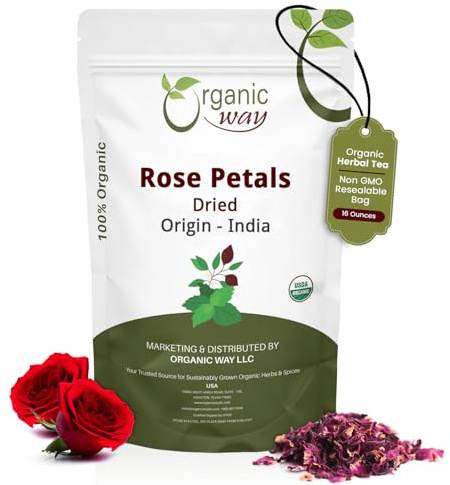 Organic Way Rose Petals Dried (Rosa Centifolia) - Pure, Edible & Fragrant for Tea | USDA & Kosher Certified |Vegan, Non GMO & Gluten Free | 100% Raw from India - India (1LBS / 16Oz.)