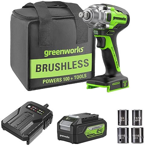 Greenworks - Taladro de impacto inalámbrico de 24 V, 1/2 pulgadas, 400 Nm, sin escobillas, velocidad variable para casa y coche (con batería de 4 Ah y cargador)