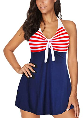 OAMEXNI Maillot de Bain Une Pièce Femme Push up Rembourré Fleur Imprimé avec Jupette Tankinis Grande Taille Beachwear Bikini Robe de Plage (XL, Redstripe)