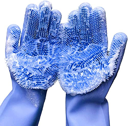 Yinceber Silicone Dishwashing Gloves, Pet Grooming Rubber Scrubbing Gloves for Dishes, Sponge Wash Cleaning Glove with Scrubbers for Housework, Bathroom, Kitchen, Car, Pets, 1 Pair, 13.6 Large