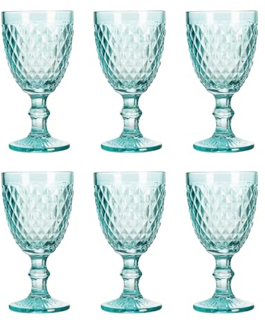 Solycarpa Juego de 6 Copas de Cristal de Colores para Vino, Cava y Agua | 6 copas de cristal de color Azul Cielo. Ideales para vino, cava, agua, bodas, bautizos y celebraciones.