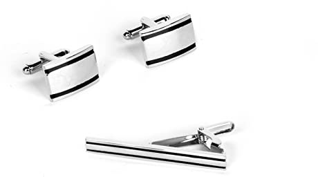 1Set Cufflinks & Tie Clip Brass Plated Square Classic Stripes (Silver) With Velvet Pouch for Dress, Gift, Shirt Decoration (Silver)