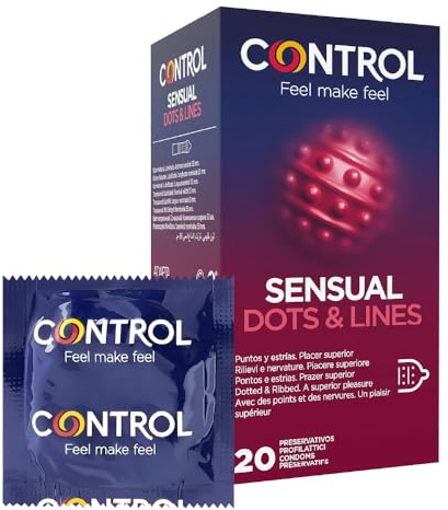 Control Sensual Dots e Lines Preservativi Stimolanti con Punti e Striature in Rilievo, 20 Profilattici