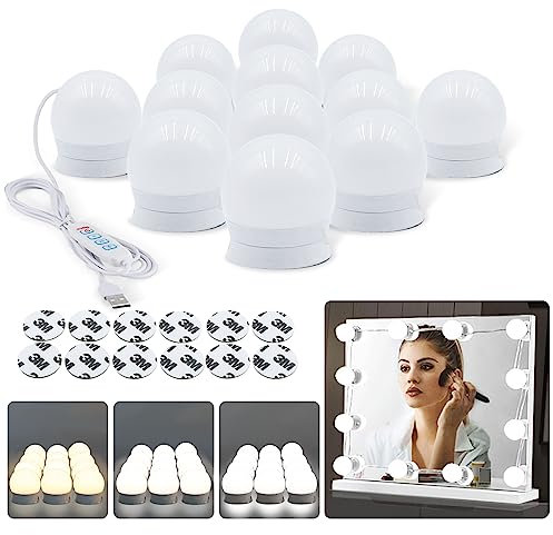 SANLION Hollywood Mirror Lights,12 LED Vanity Mirror Lights ，with USB Cables, 3 Colour Changing & 10 Brightness for Dressing Table Room, Bathroom, Bedroom