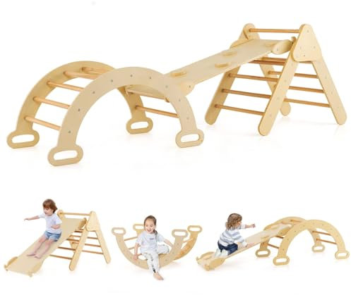 COSTWAY 4 in 1 Set da Arrampicata per Bambini, Giocattoli da Arrampicata a Triangolo con Triangolo Arco e Salita, Ideale per Bambini 1 Anni + (Naturale)