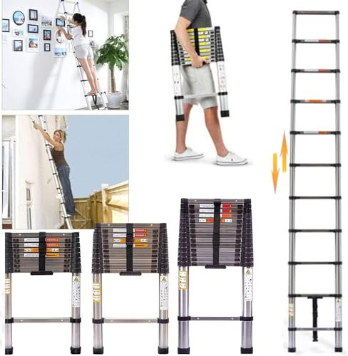 Échelle télescopique pliable - 3,2 m - Portable - Multifonction - Antidérapante - En acier inoxydable - Pour le jardin - Charge maximale : 150 kg