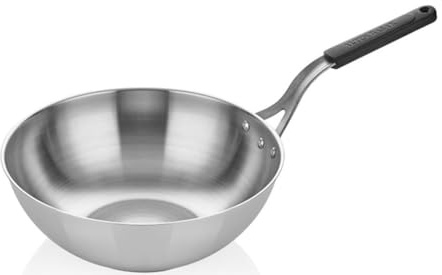 Nobel Platinum Triply Extra Deep Stainless Steel 28 cm Wok Pan, Stir Fry Pan with Blue Silicone Handle Sleeve, Kadai, Compatible with All Hobs