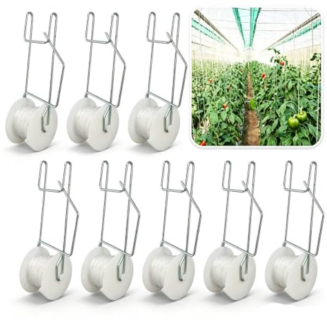 HERCHR Ganci di Supporto per pomodori con spago Confezione da 10 Ganci a Rullo per pomodori con Corda da 15 Metri