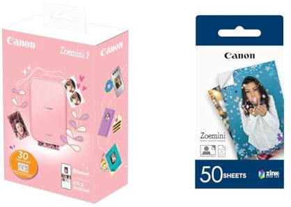 Canon Zoemini 2 Pack Imprimante Photo + 30 Feuilles Assorties, Rose Doré & Zink ZP2050 Papier Photo Technologie Z-Ink - Pack de 50 Feuilles compatibles ZOEMINI