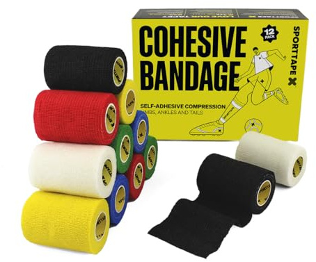 12 Rollos SPORTTAPE Venda Cohesiva Mezclado 7,5 cm x 4,5 m – Vendaje Compresivo Autoadherente sin Pegamento para Deporte, Muñeca, Tobillo, Perros y Caballos – Ideal para Primeros Auxilios y Soporte